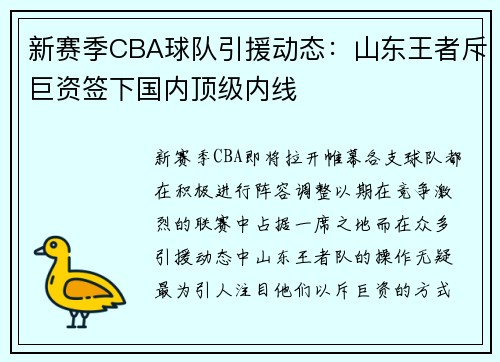 新赛季CBA球队引援动态：山东王者斥巨资签下国内顶级内线